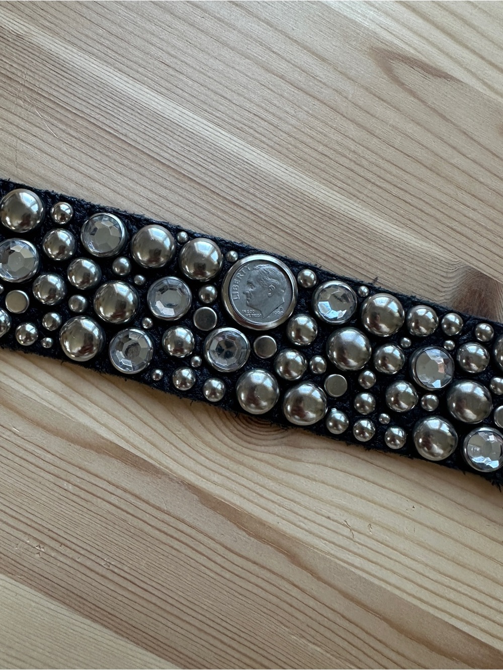 Studded Black Leather Belt with Rhinestone Accents and Real Dimes - Picture 2 of 3